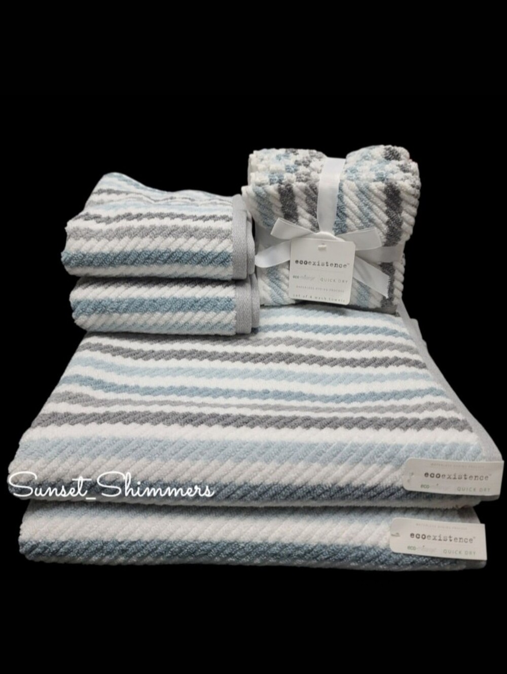 8pc ECO Melange Bath Hand Washcloth Towel Set Blue Gray Rope Stripe New